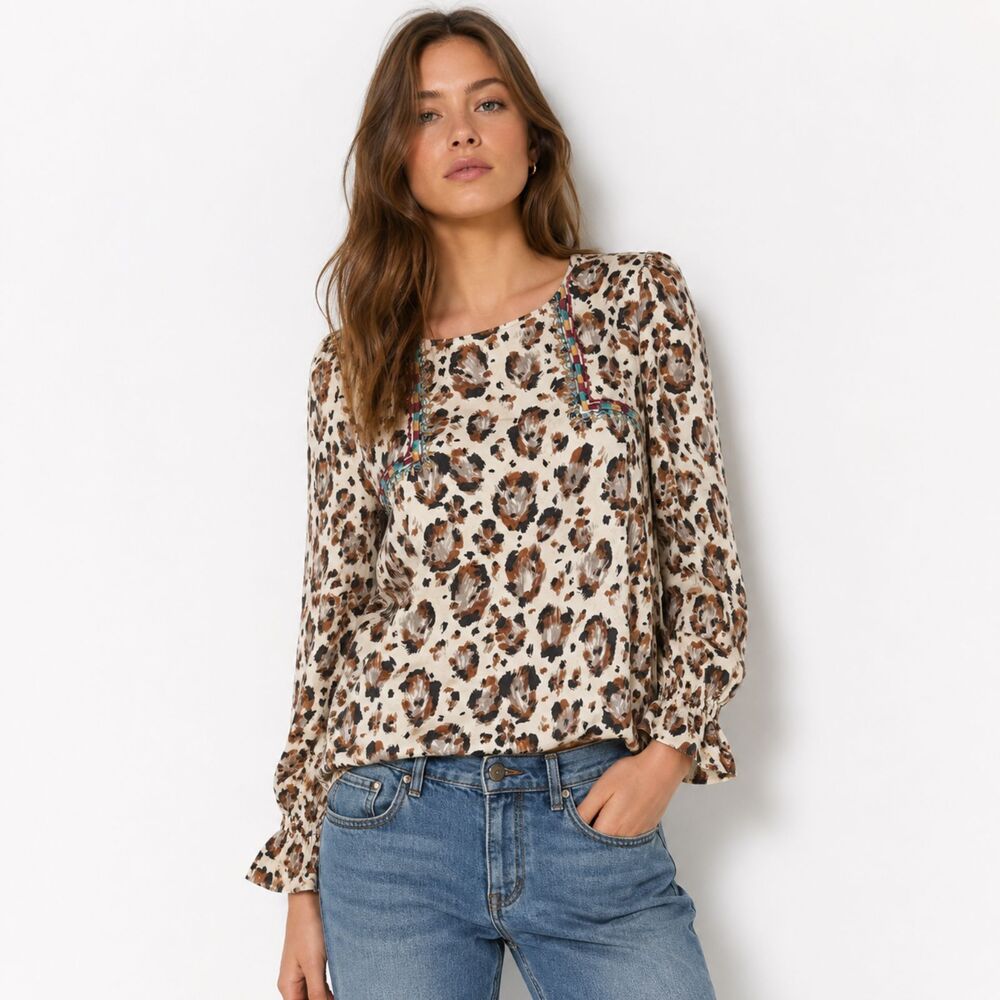 Savanna Jane Boho Leopard Animal Print Boho Embroidered Aztec Blouse Top Size M
